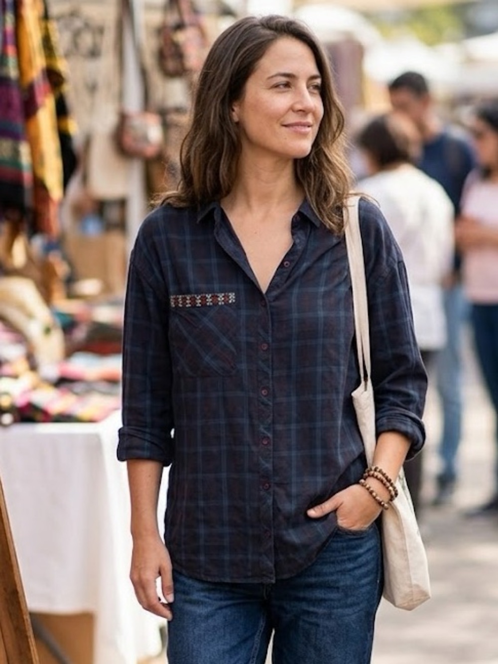 Zara Navy Plaid Beaded Accent Pocket Long-Sleeve‎ Button-Up Shirt Small